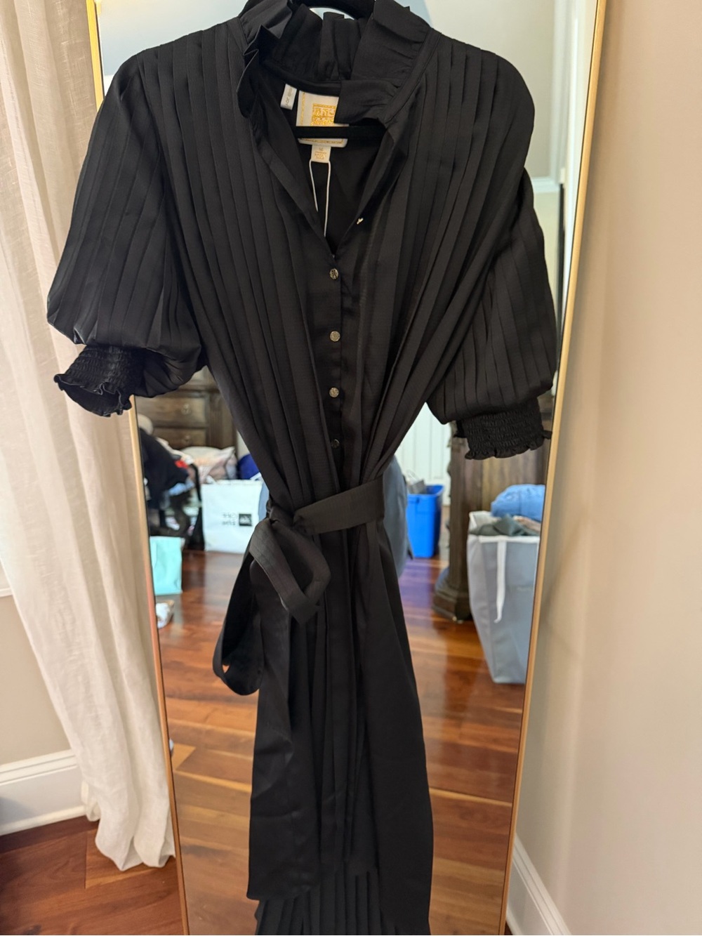 Emily McCarthy Black Pleated Tie-Waist Midi Dress